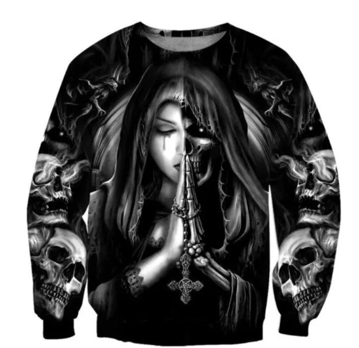 Black hooded sweatshirt with 3D Halloween skull anime graphic print, long sleeves