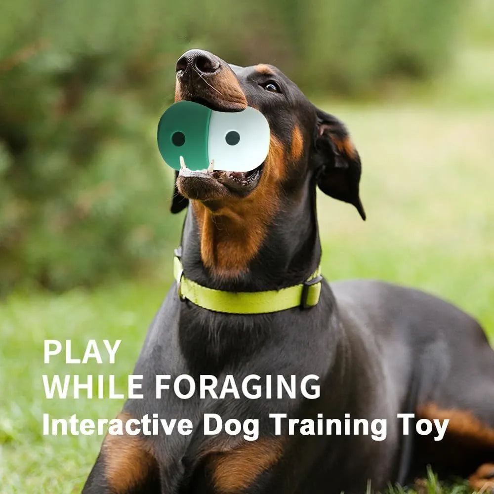 Food-grade silicone dog treat puzzle ball in blue and white, measuring 8x11cm for small medium dogs.
