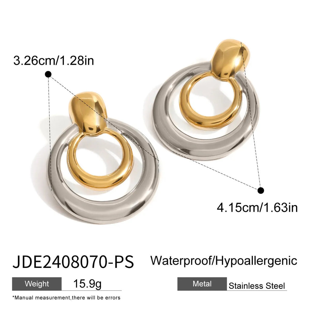 Golden round double layer hollow stud earrings with geometric design and hypoallergenic titanium steel construction