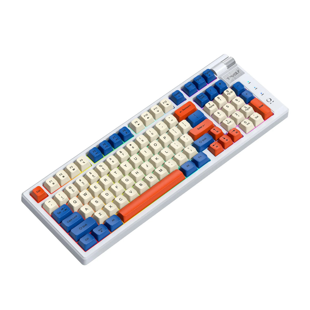 Bluetooth charging mechanical keyboard in Blue Orange or black and red, ABS, 404x172x37.5mm, with USB receiver and cable