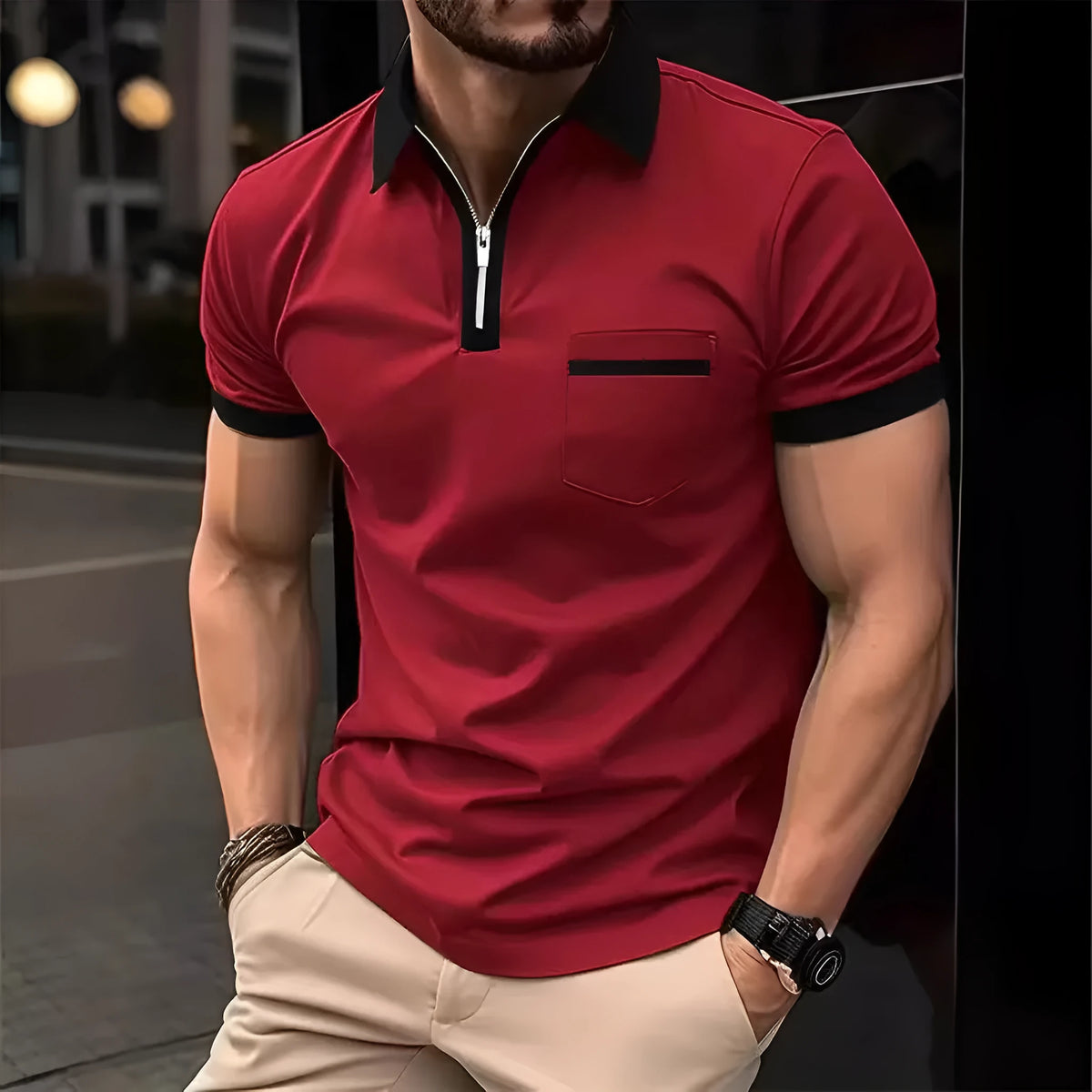 Men's loose fit short sleeve casual shirt with chest pocket and front zipper decoration.