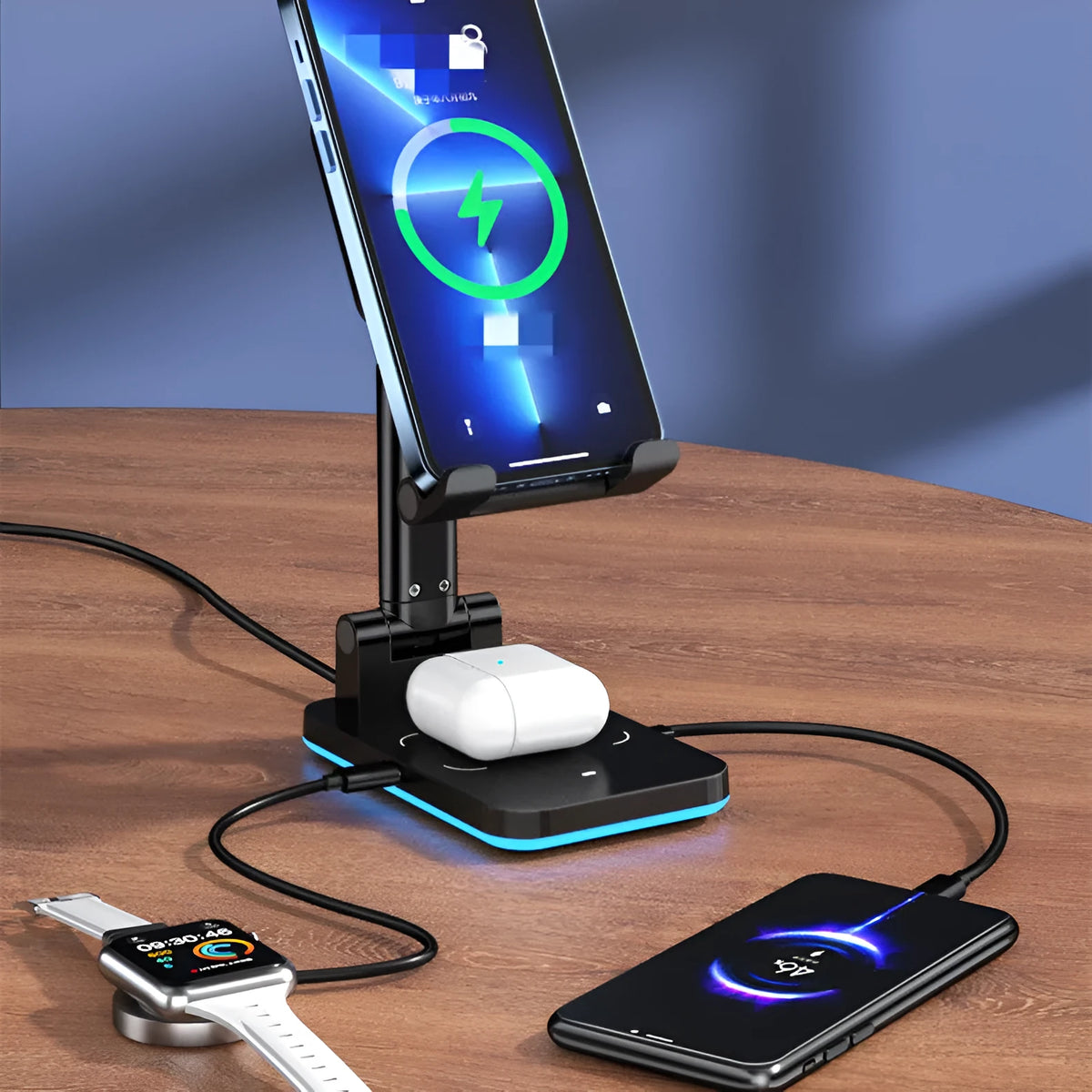 Wireless charging desktop phone holder in black or white with 5W and 15W charging options