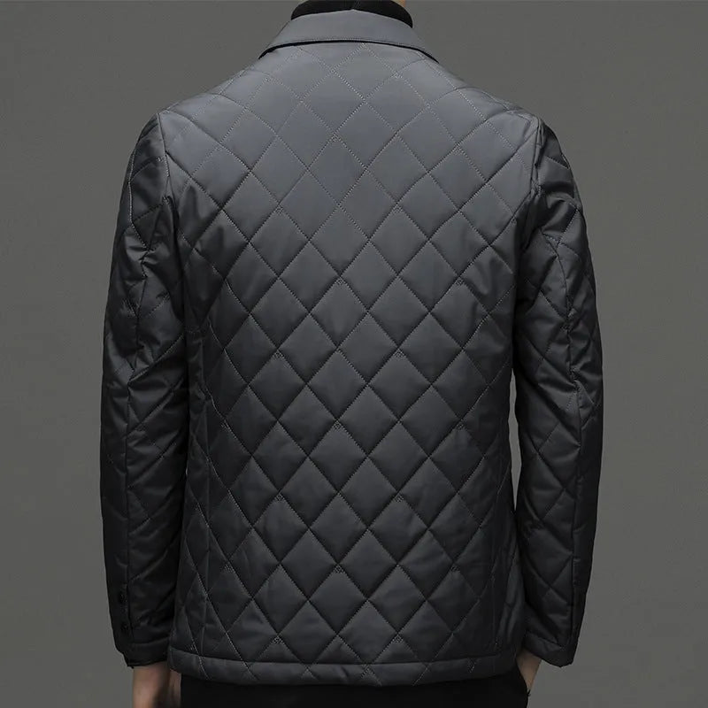 Men's black lapel collar down jacket with side pockets on a solid background