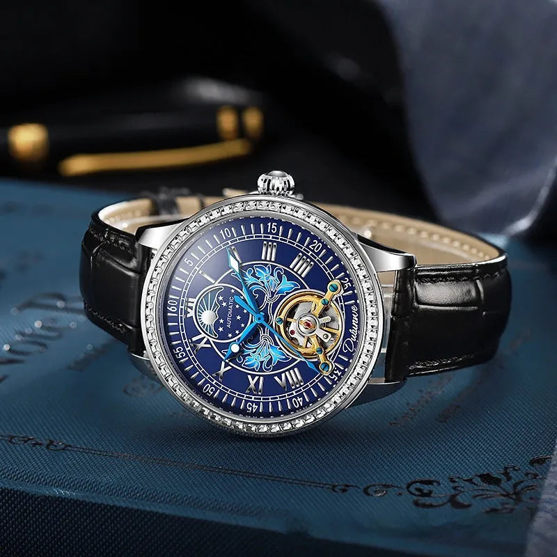 Men's waterproof mechanical watch with stainless steel strap and visible movement through transparent case back