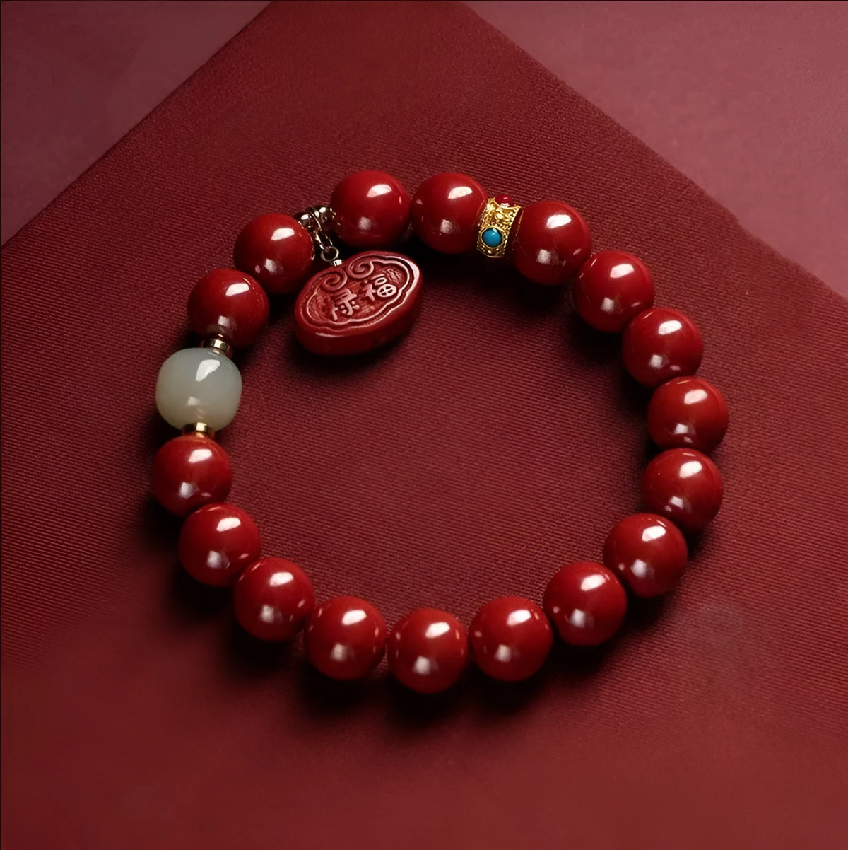 Natural cinnabar Emperor Sandstone Ping An Fu Lu bracelet in fashion OL style