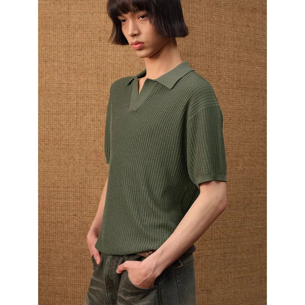 Men's loose-fit ice silk polo shirt with striped collar in grey