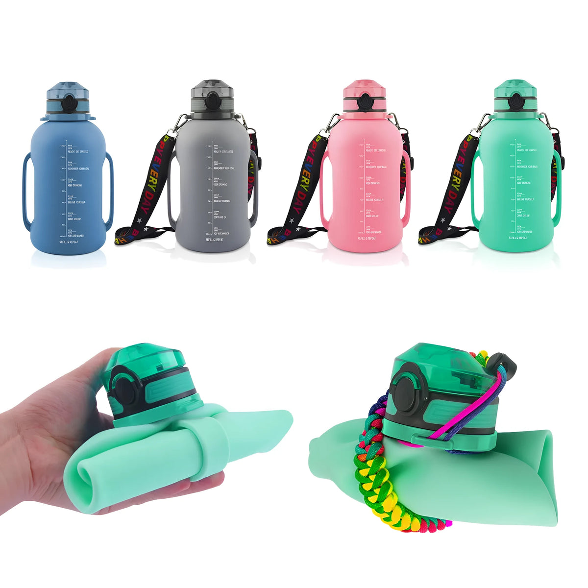 Collapsible silicone water bottle 2000ml in black, turquoise, or pink with leak-proof twist cap