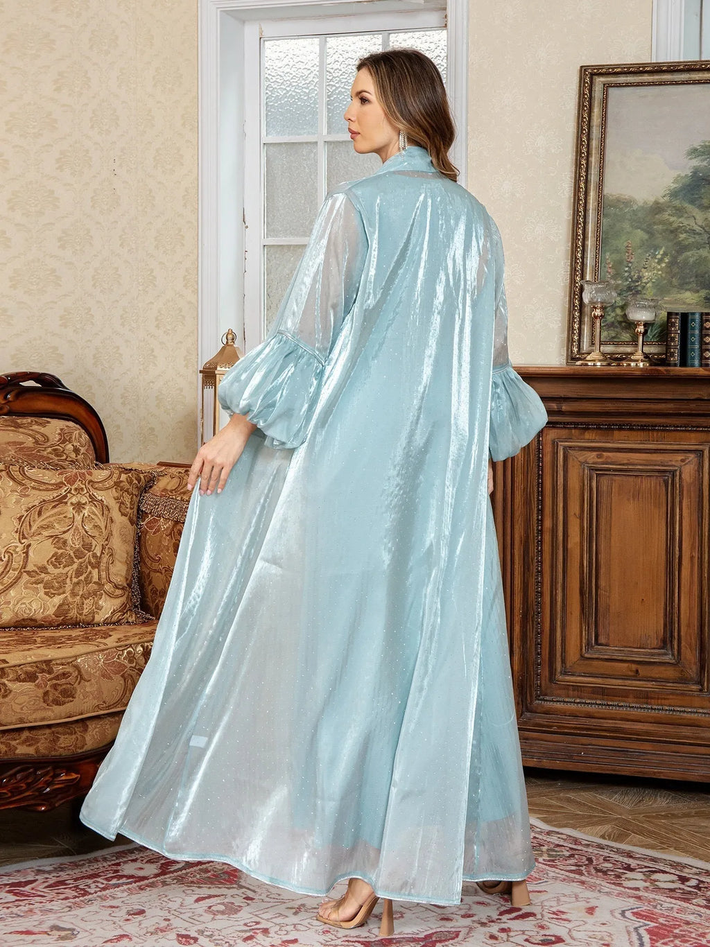 Blue Dubai two-piece Arabic dress with rhinestone embellishment and long sleeves