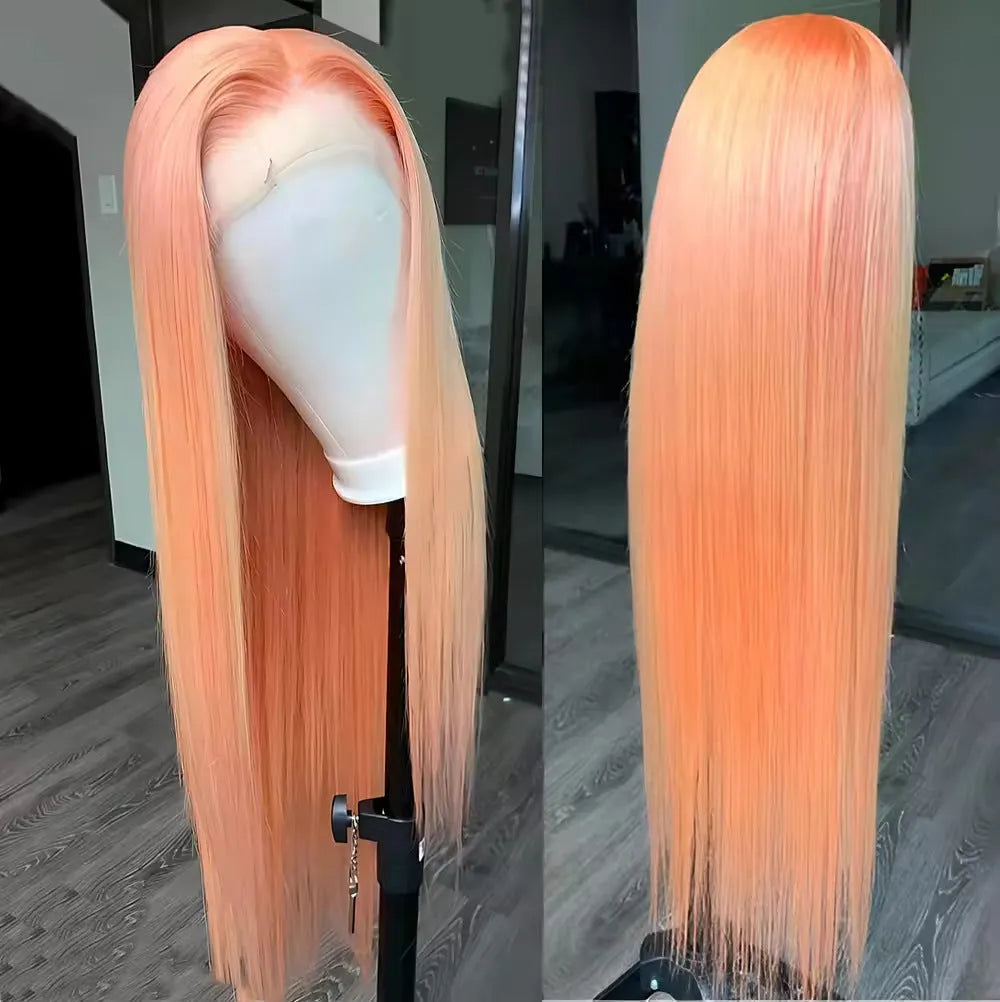 Light orange long straight synthetic wig with front lace and side bangs.
