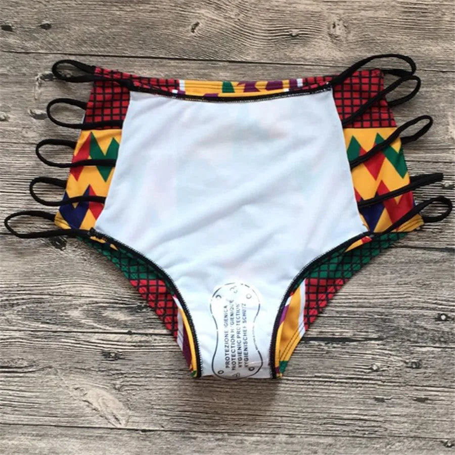 Women's high-waist split bikini swimsuit with digital printing, showing top and shorts.