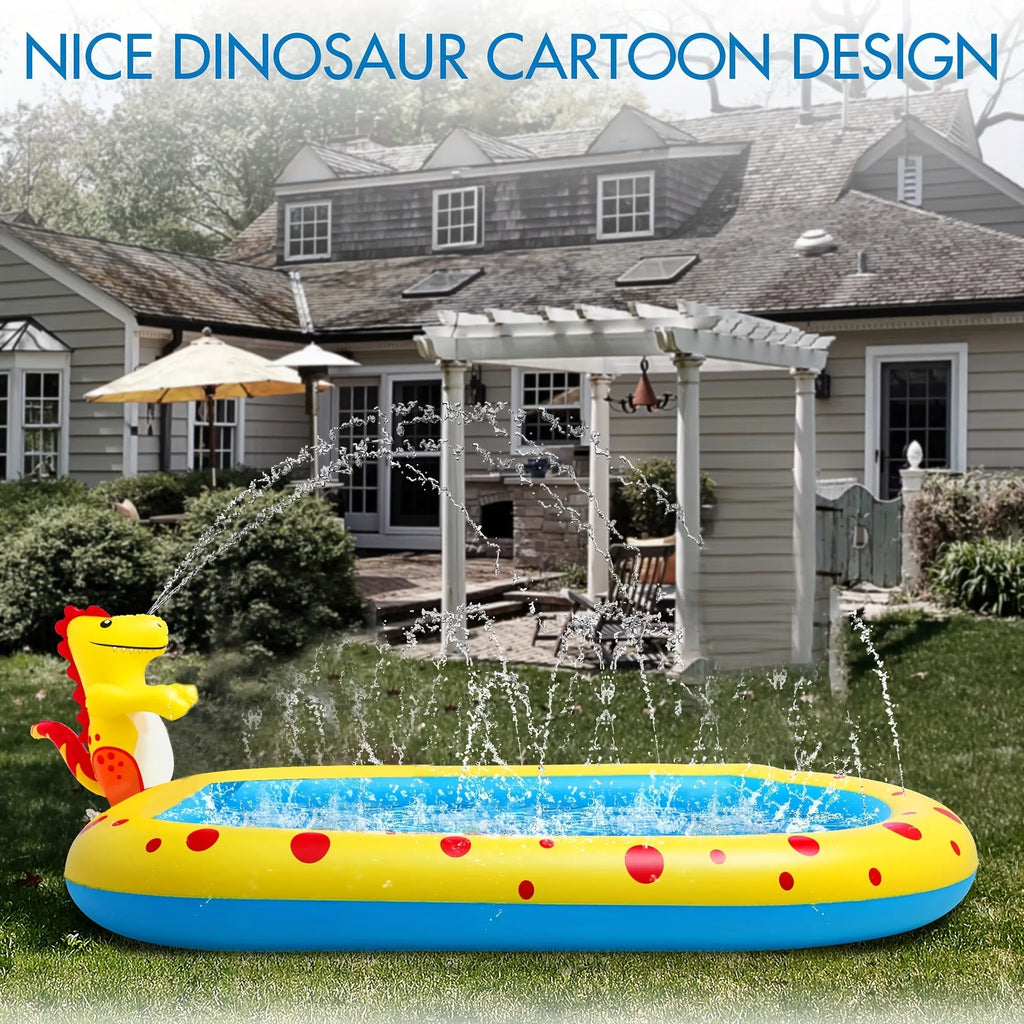 Blue inflatable dinosaur-shaped water spray pool for children in a garden