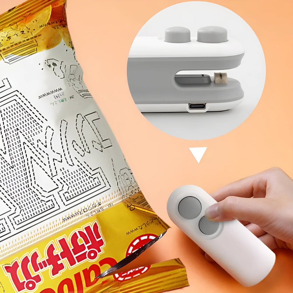 Handheld white heat sealer for sealing chip bags with USB Type-C charging port