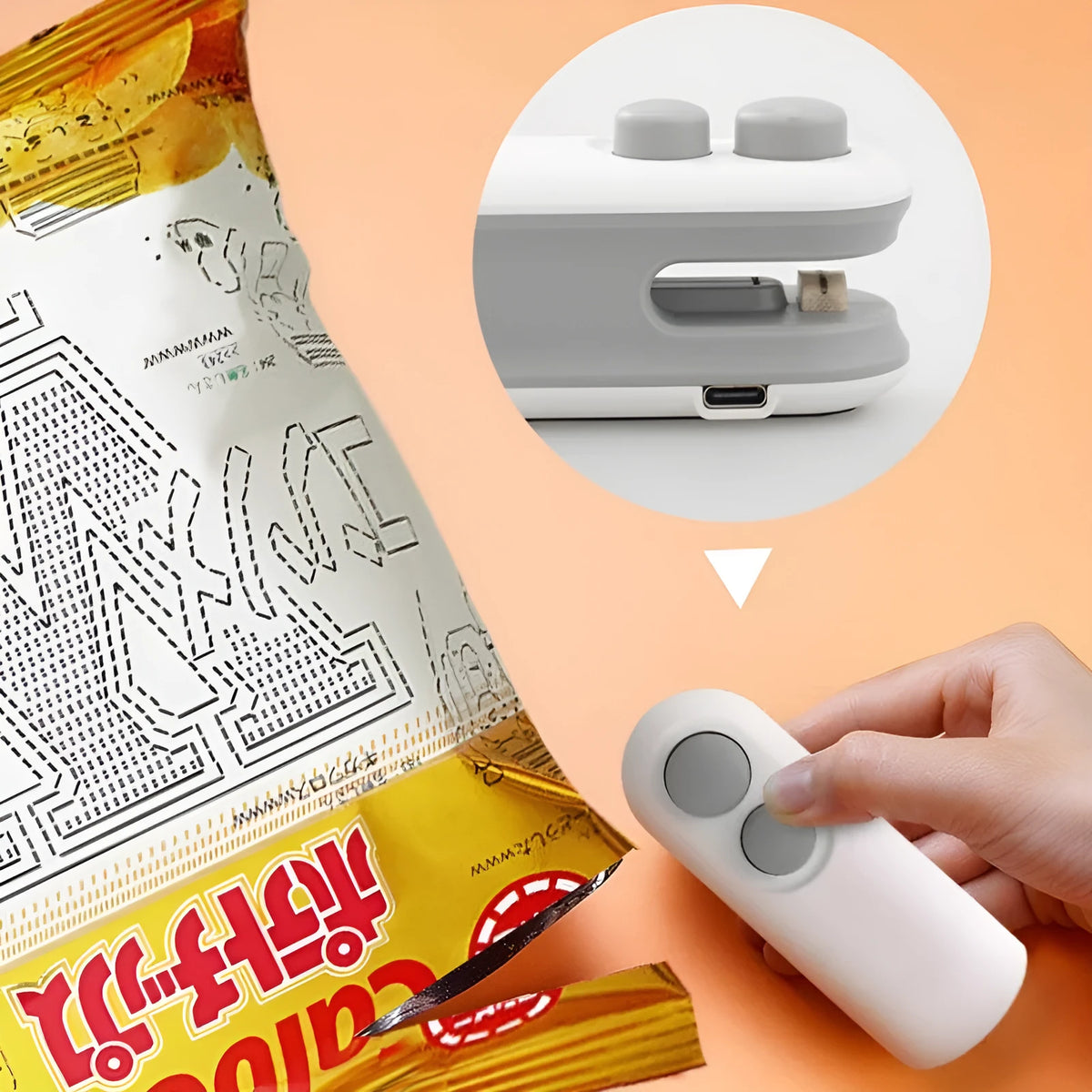 Handheld white heat sealer for sealing chip bags with USB Type-C charging port