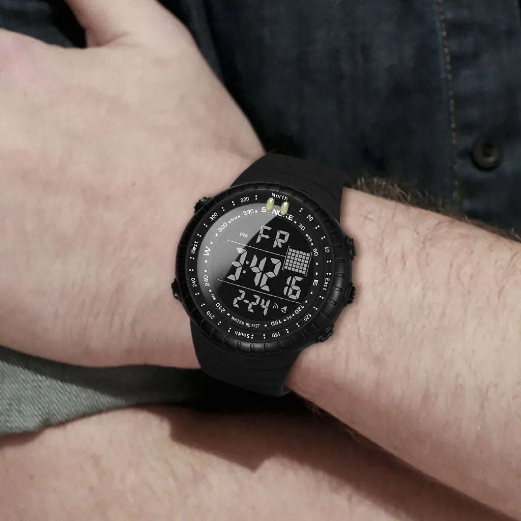 Black outdoor electronic watch with large 54.74mm dial, plastic case, and PU strap showing WR50M waterproof rating