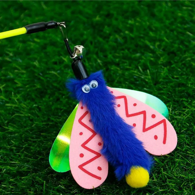 Blue, yellow, and pink dragonfly cat wand toy on a 49cm stick with a bell.