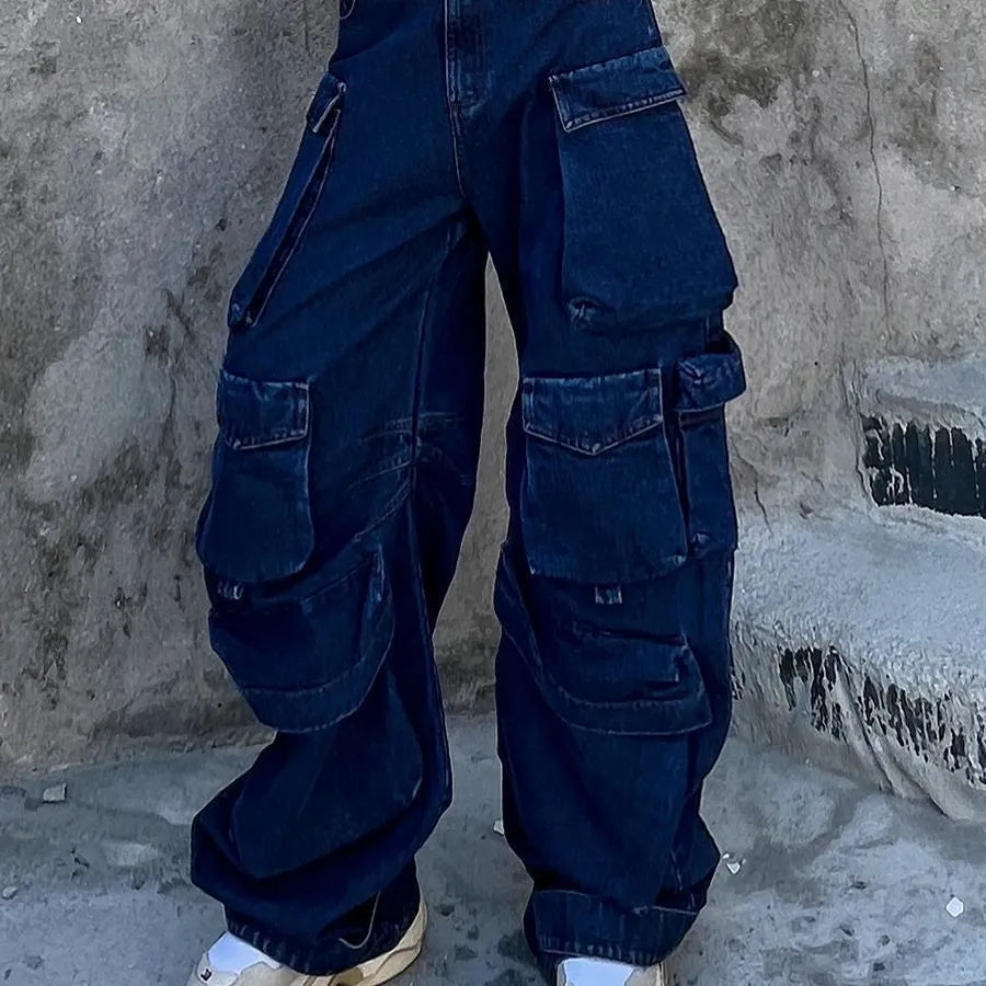 Distressed dark blue wide-leg workwear jeans with multi-pocket design and high waist