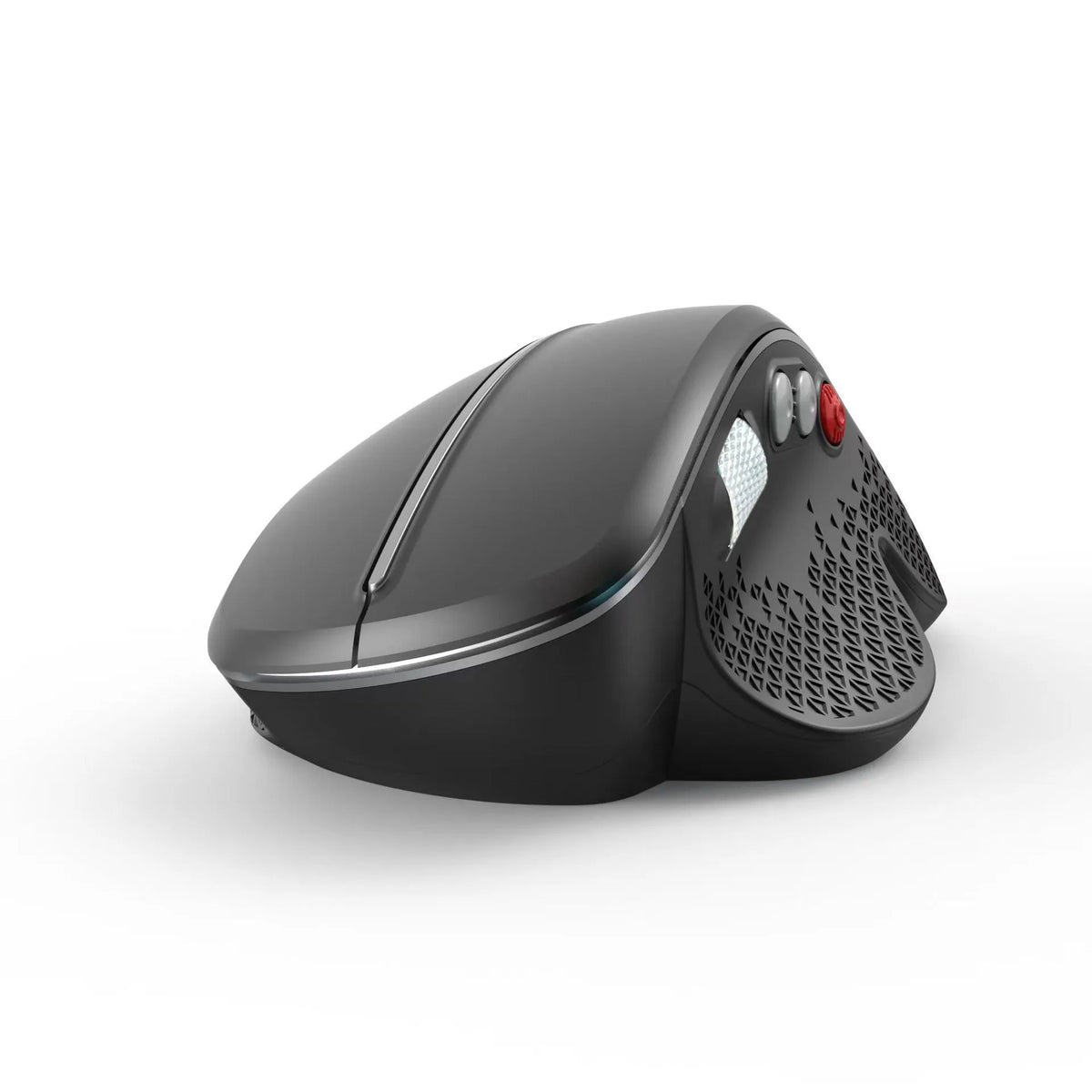 T32 wireless vertical ergonomic mouse in black or silver matte finish with aluminium side roller.