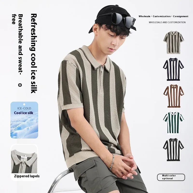 Men's short sleeve ice silk sweater with striped pattern and zipper decoration in black white camel brown or sapphire blue