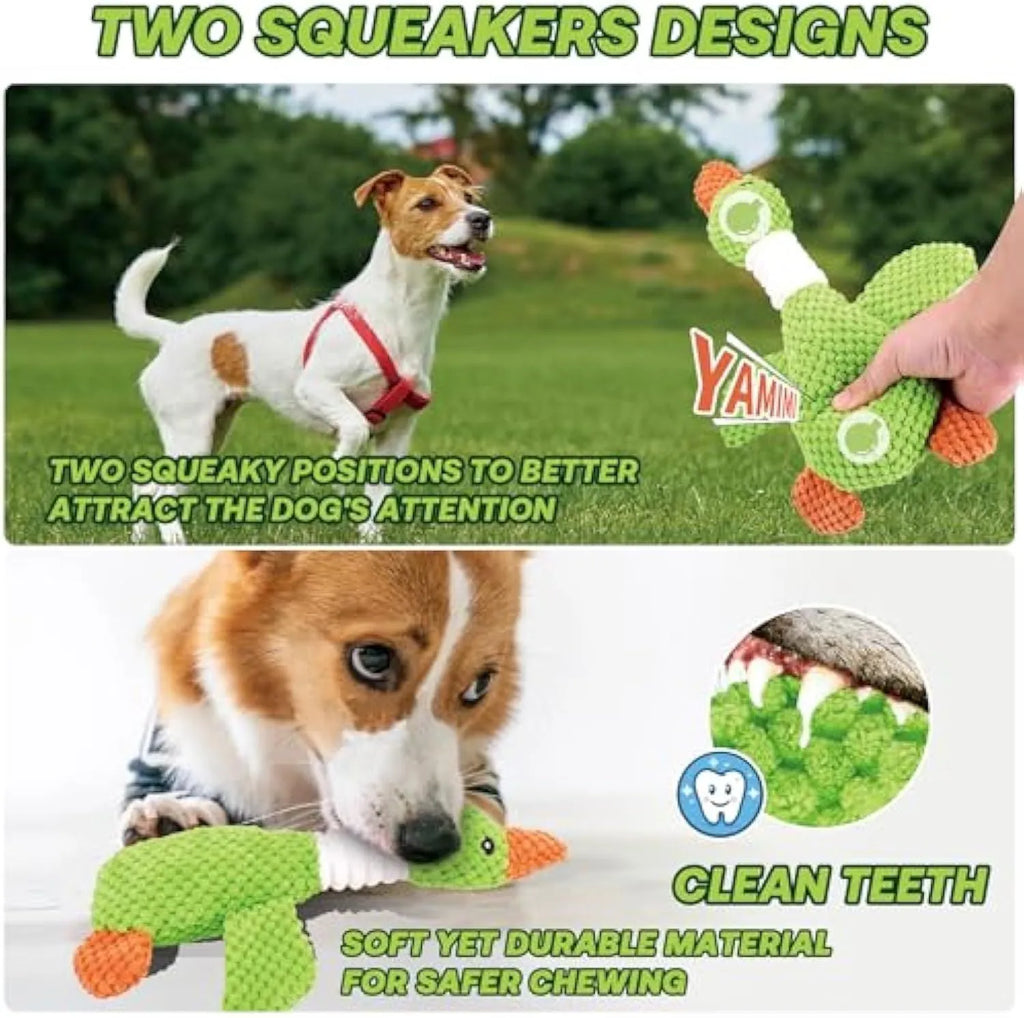Blue durable duck-shaped plush dog toy with squeaker on a plain background