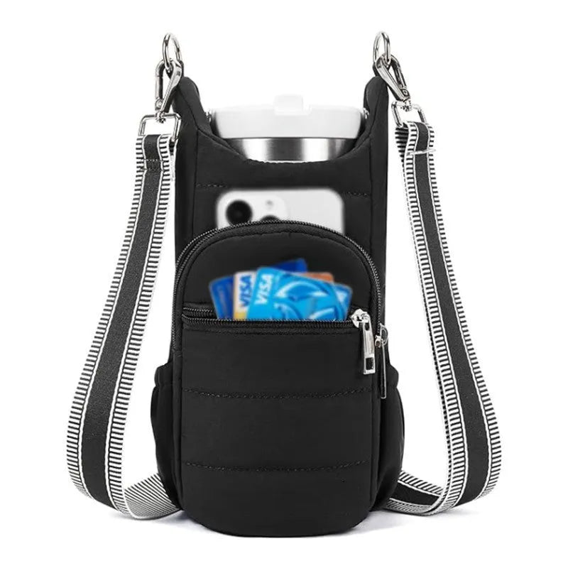 Cloth water bottle bag for bicycles shown in beige, black and pink colour options