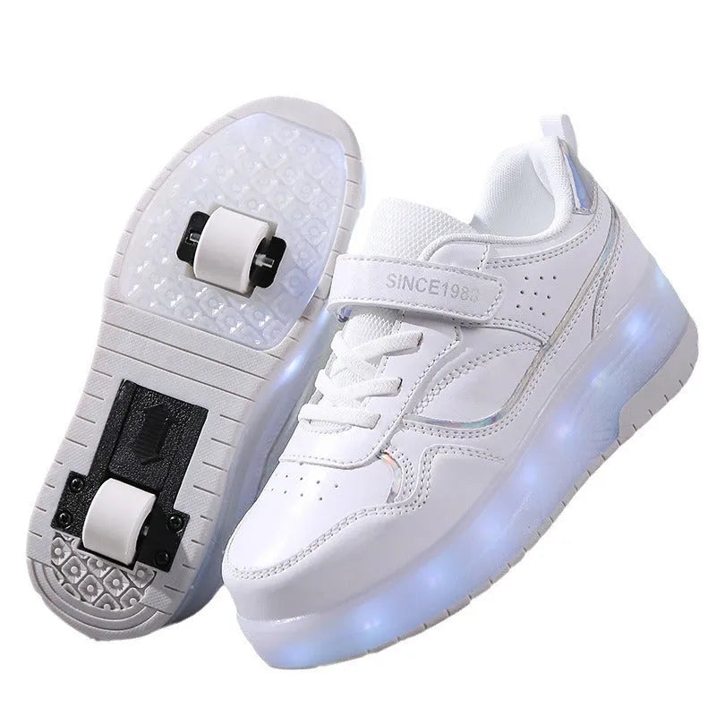 Children's charging roller skates with LED wheels in pink, purple, black or white colours