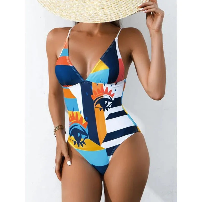 Women's plus size printed one-piece swimsuit in blue with high elasticity spandex lining