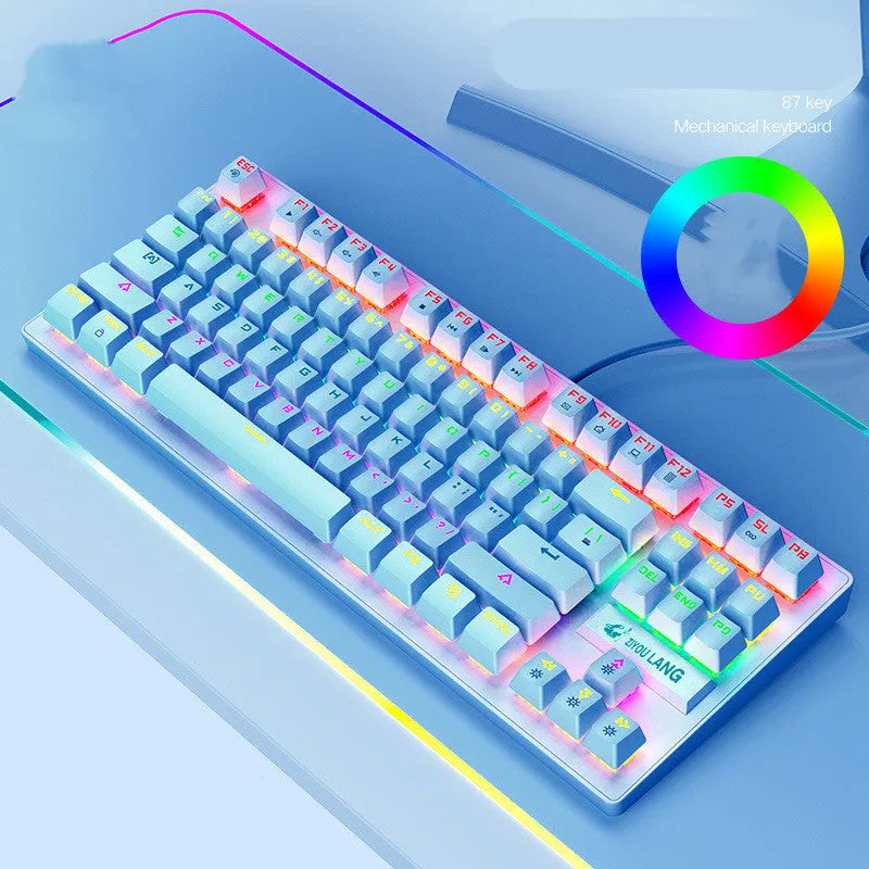 Black and white mechanical gaming keyboard with coloured key options on a desk.