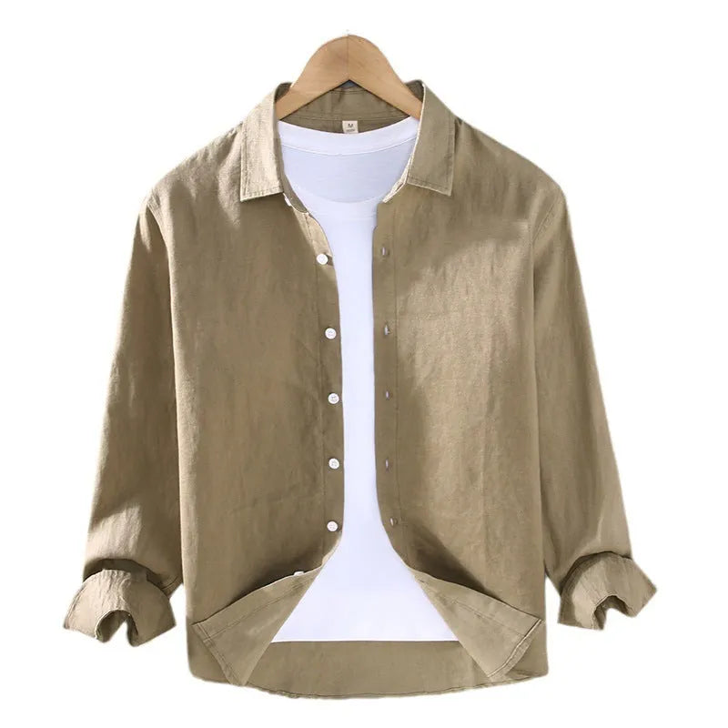 Men's pure linen shirt in cardigan style showing solid colour and long sleeves