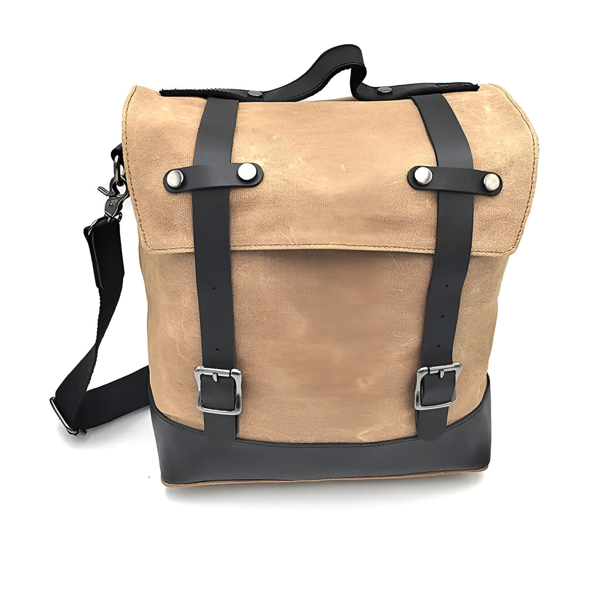Canvas and cowhide motorcycle side pannier pack with waterproof construction
