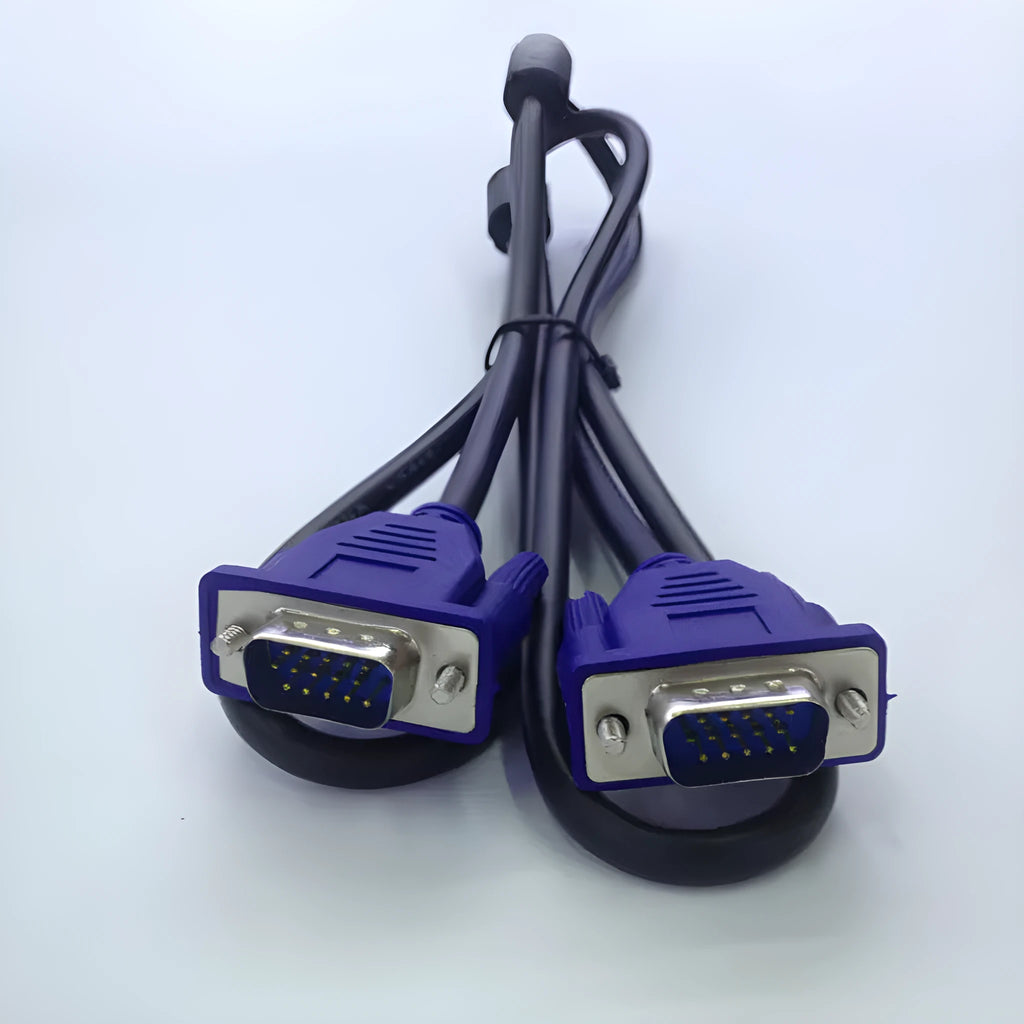 Black VGA cable with blue connectors, nickel-plated terminals, 1.5 metre length for monitor connections