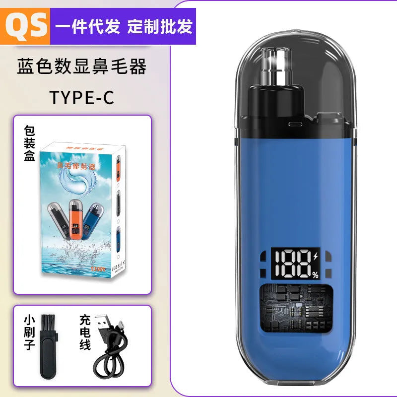 Rechargeable nose hair trimmer with digital display, removable cutter head, and cleaning brush on a white background.