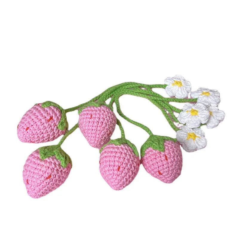 Red knitted wool crochet strawberry pendant with a 35cm hanging cord