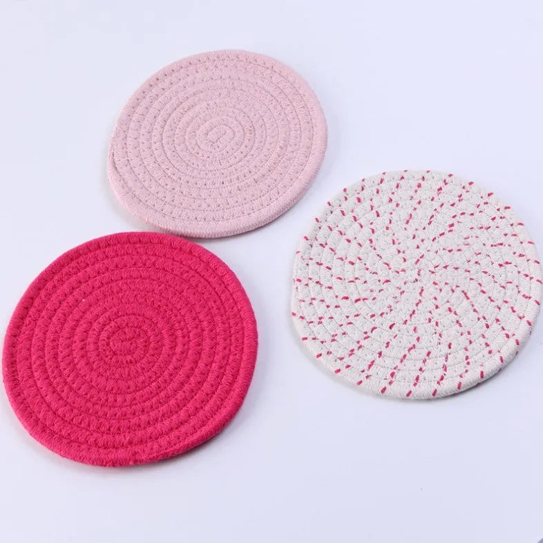 Three round cotton cord coasters in chosen colour with 18cm diameter measurement