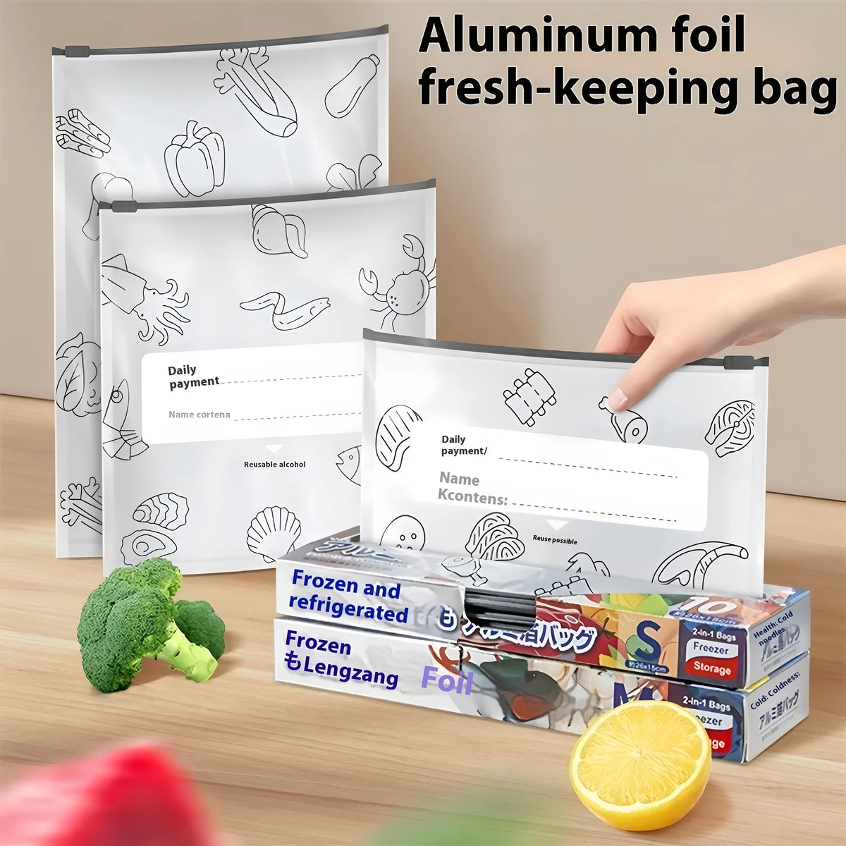 Pack of ten aluminium foil sealed food storage bags in small, medium, and large sizes.