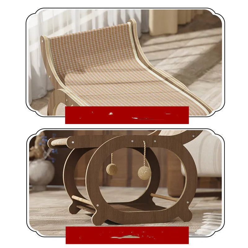 Solid wood cat recliner bed with an integrated sisal scratching surface in walnut colour.