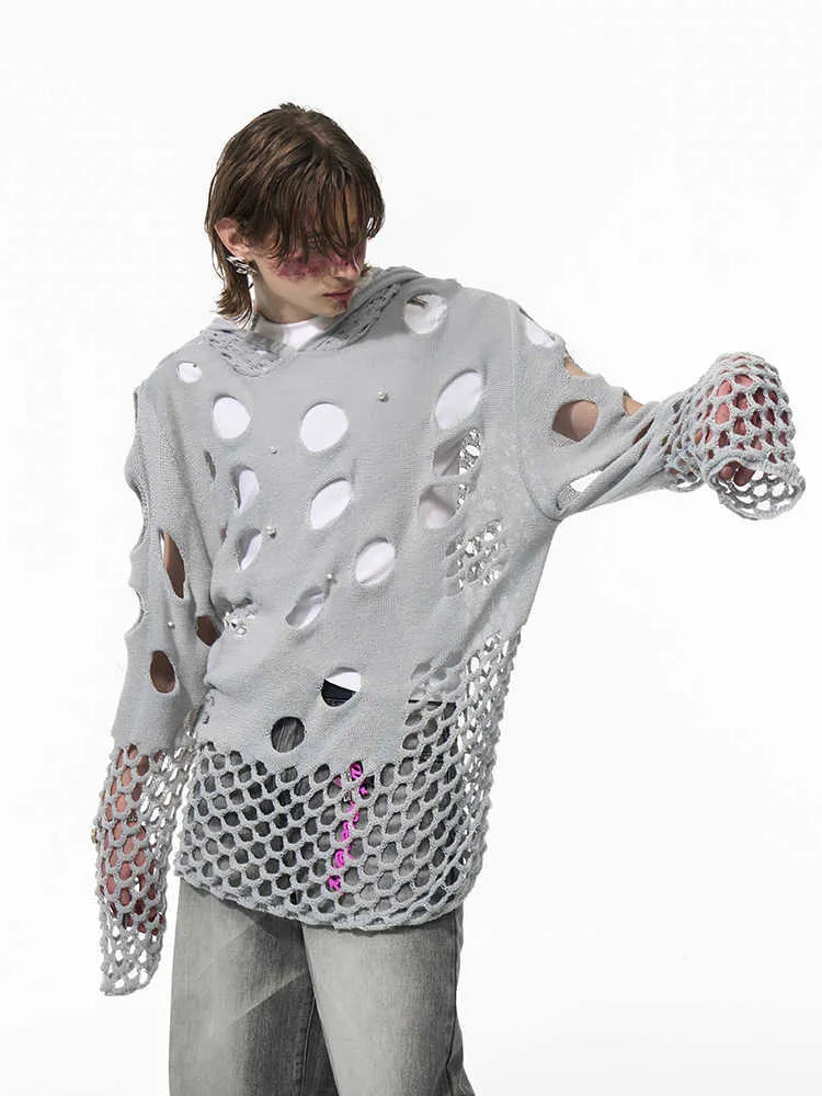 Men's black loose hoodie with pearl decoration on hood, thin spring sweater pullover design