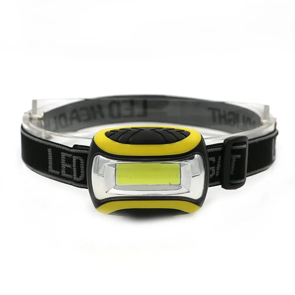 Yellow plastic COB LED headlamp with headband, shown with three lighting mode indicators.