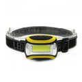 Yellow plastic COB LED headlamp with headband, shown with three lighting mode indicators.