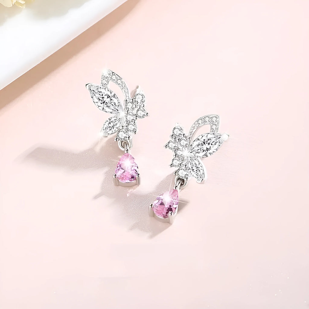 925 sterling silver butterfly stud earrings with crystal accents on wings for women