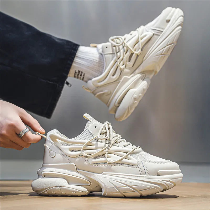 Men's beige mesh and PU leather sneakers with rubber soles and front lace-up closure