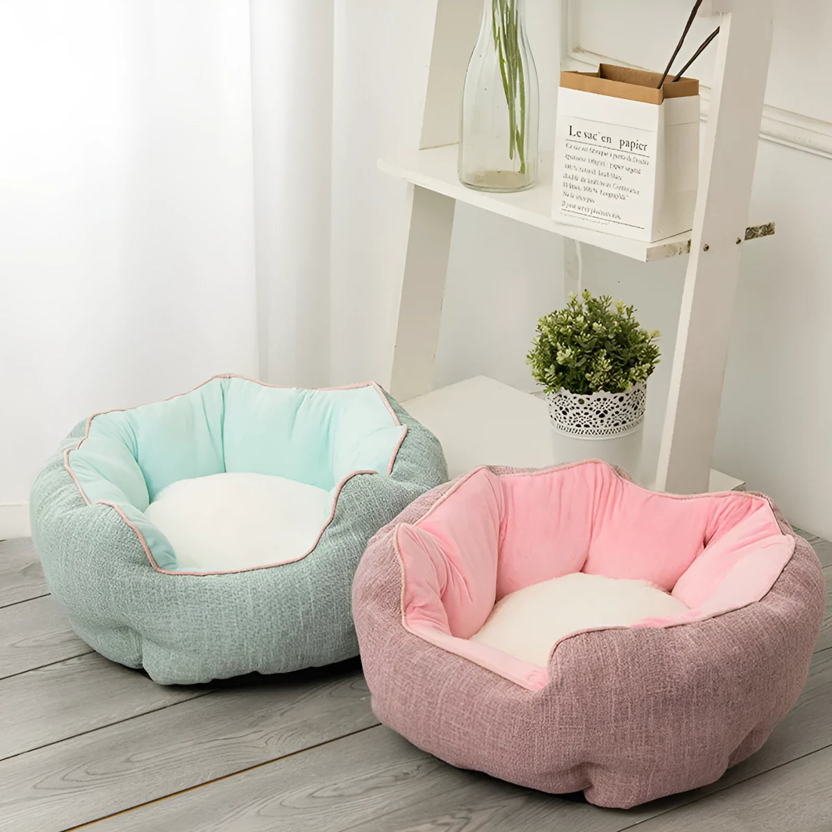 Blue octagonal pet bed with high sides, soft interior, and a removable mat for a cat or small dog.
