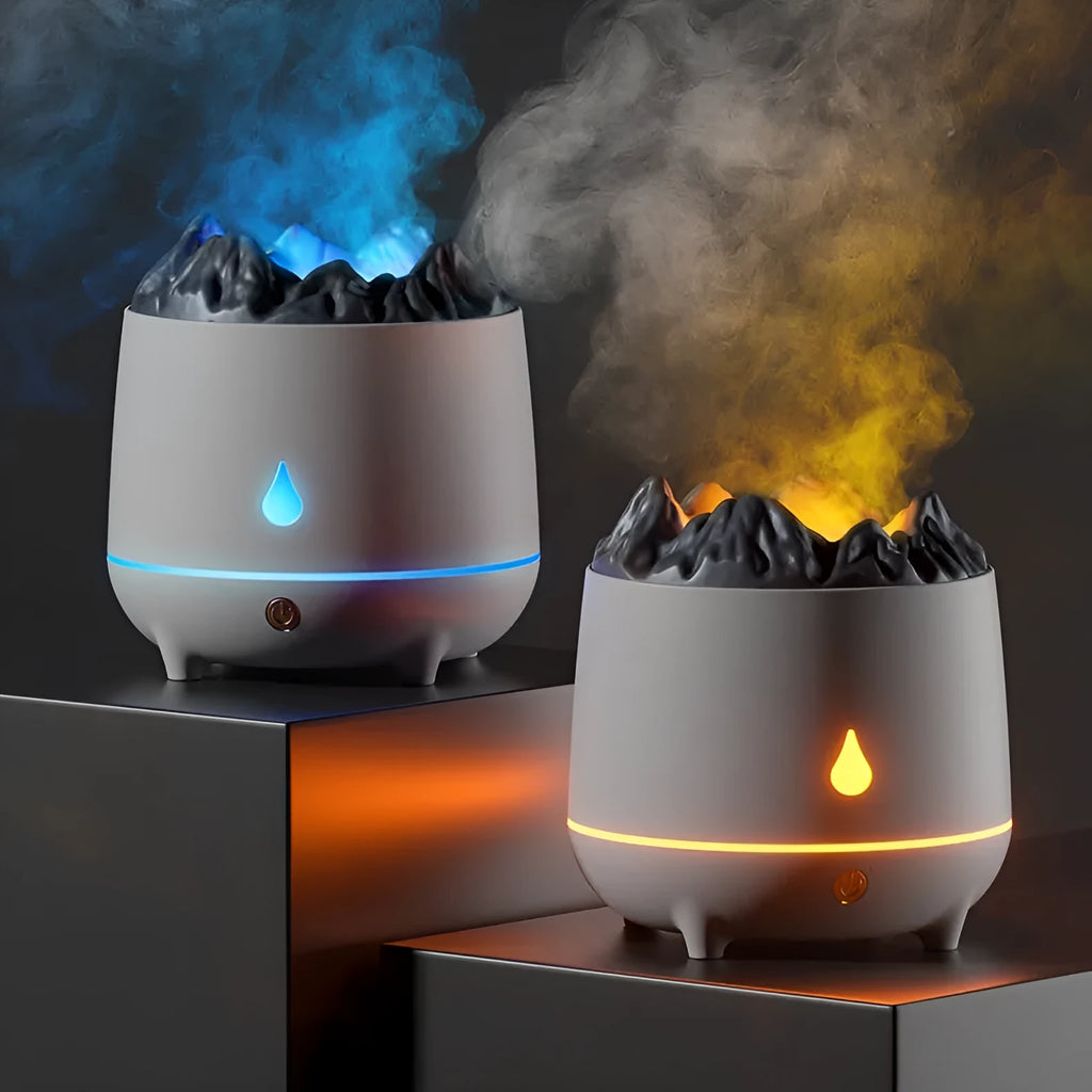 Volcano humidifier with flaming mountain design in black or white colour