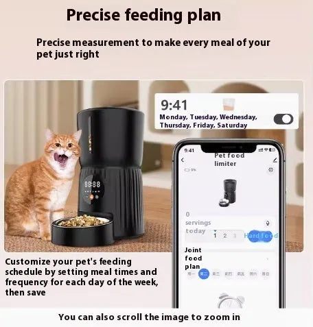 Black automatic pet feeder with digital display and food container showing portion control mechanism