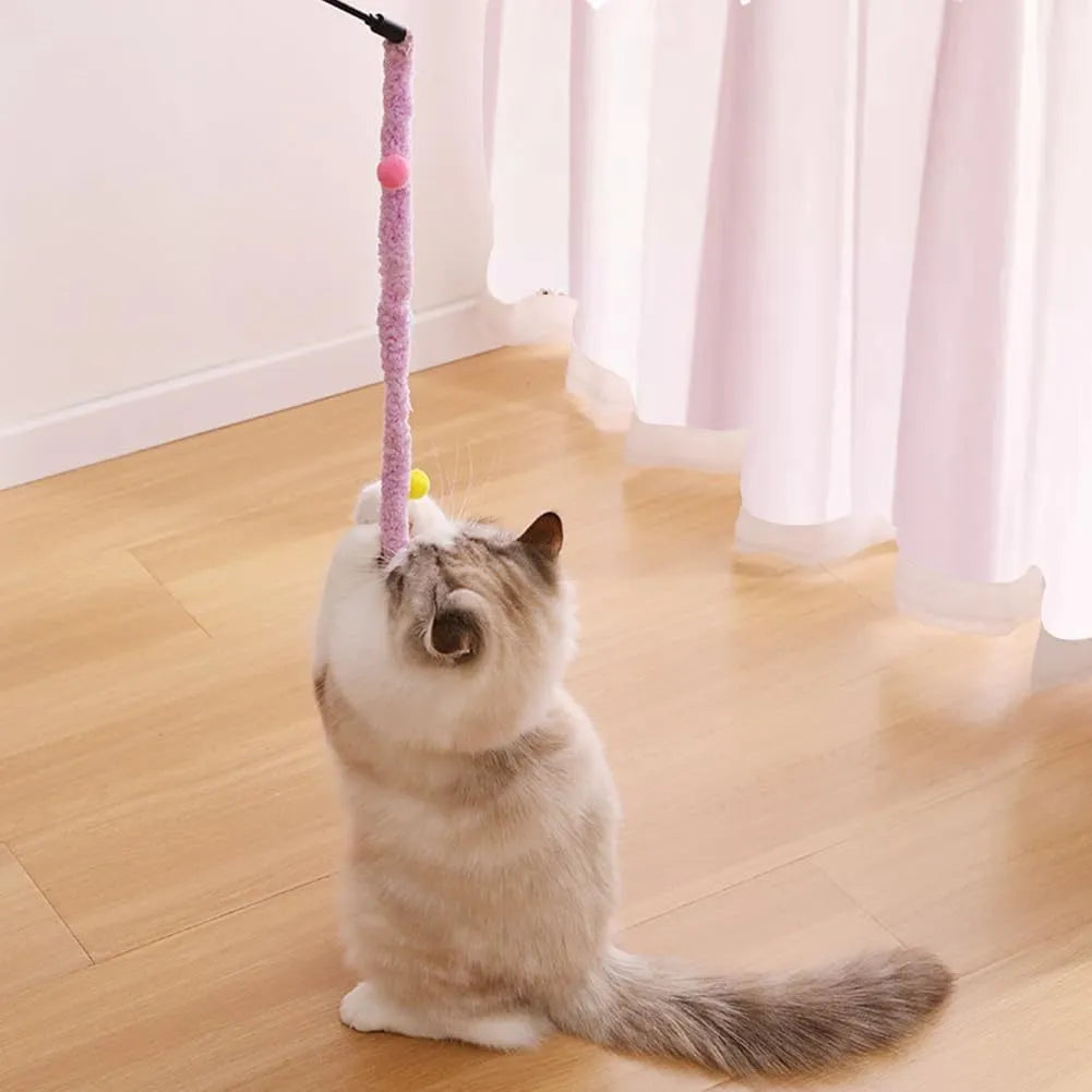 Colourful cat wand toy with plush strip and bell on 41cm pole for interactive play