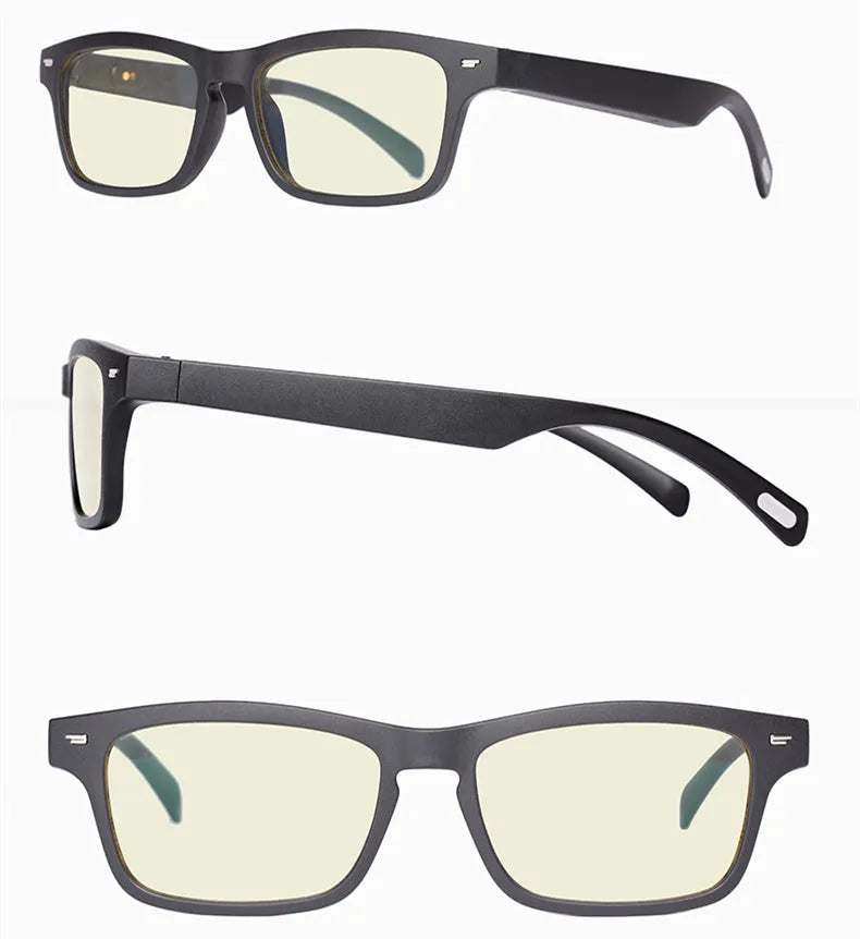 Unisex smart glasses with tinted lenses and Bluetooth audio for hands-free calls and music.
