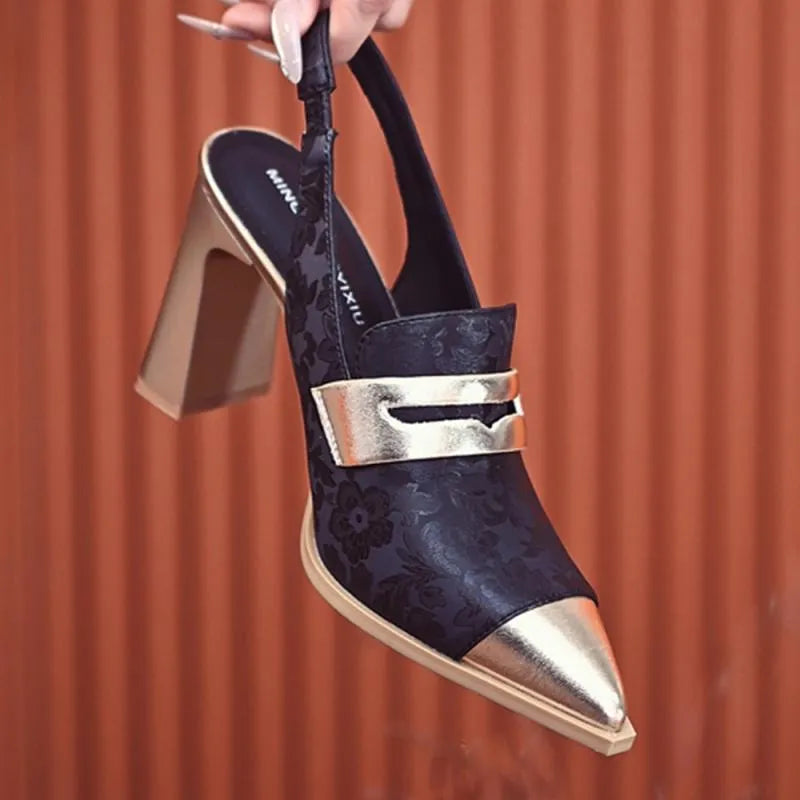 Women's black chunky heel pointed-toe sandals with a high-cut ankle strap.