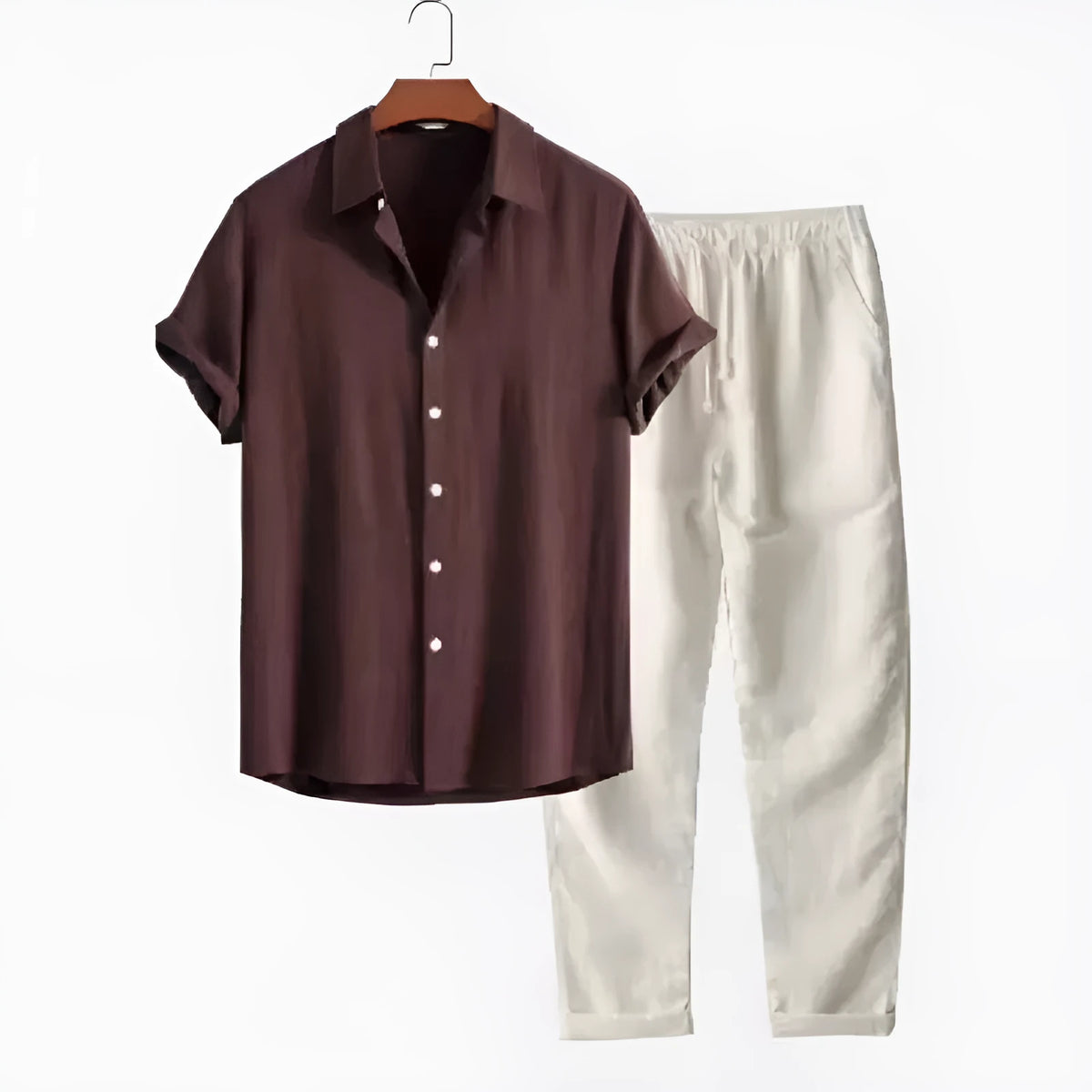 Man wearing a loose-fit short sleeve shirt and matching trousers from a casual linen-look two-piece set.