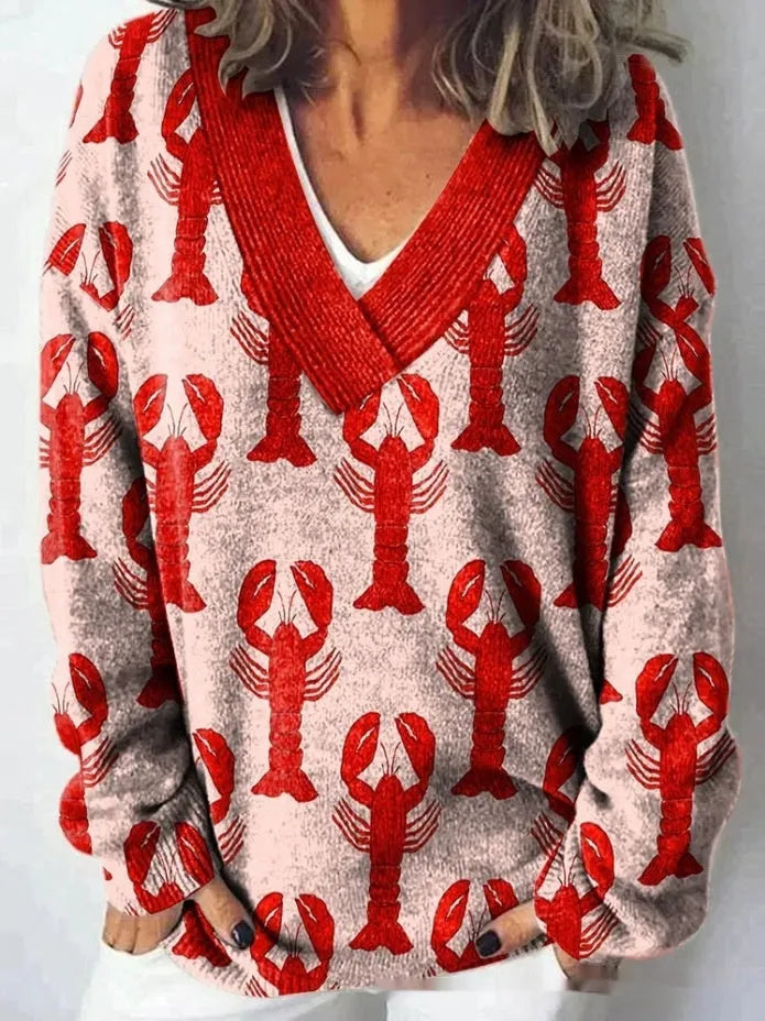 Women's V-neck sweatshirt with 3D floral pattern print in wool woven fabric