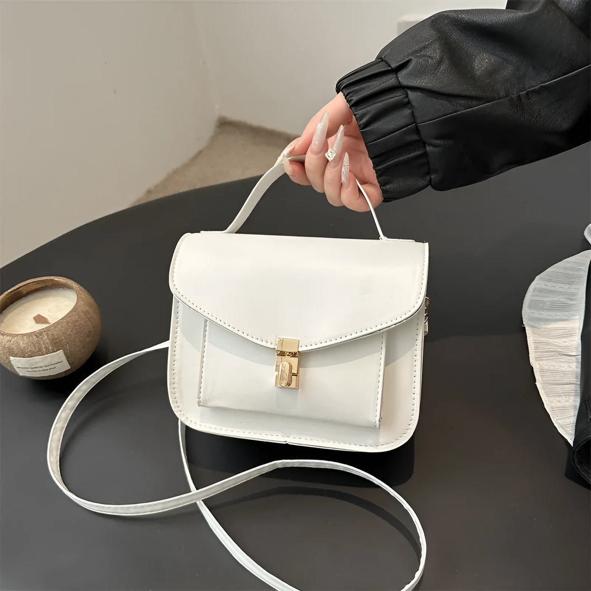 PU leather messenger bag in horizontal square shape with crossbody strap