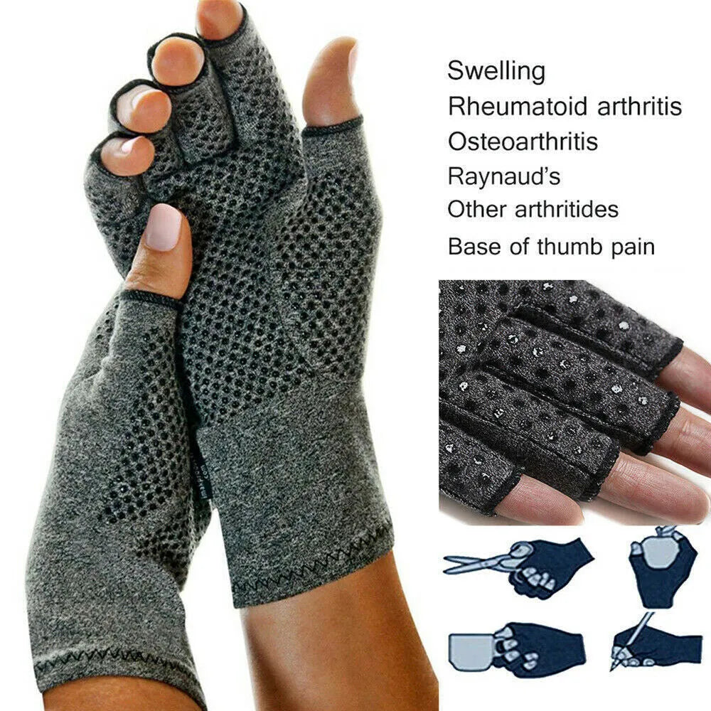 Grey half finger compression gloves made from polyester and spandex, showing the open fingertip design.